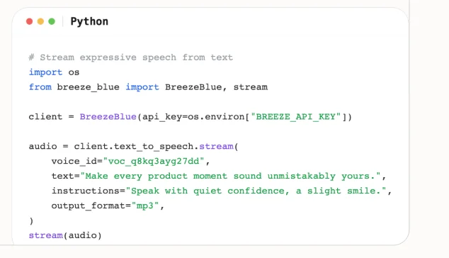 BreezeBlue Text to Speech API code sample