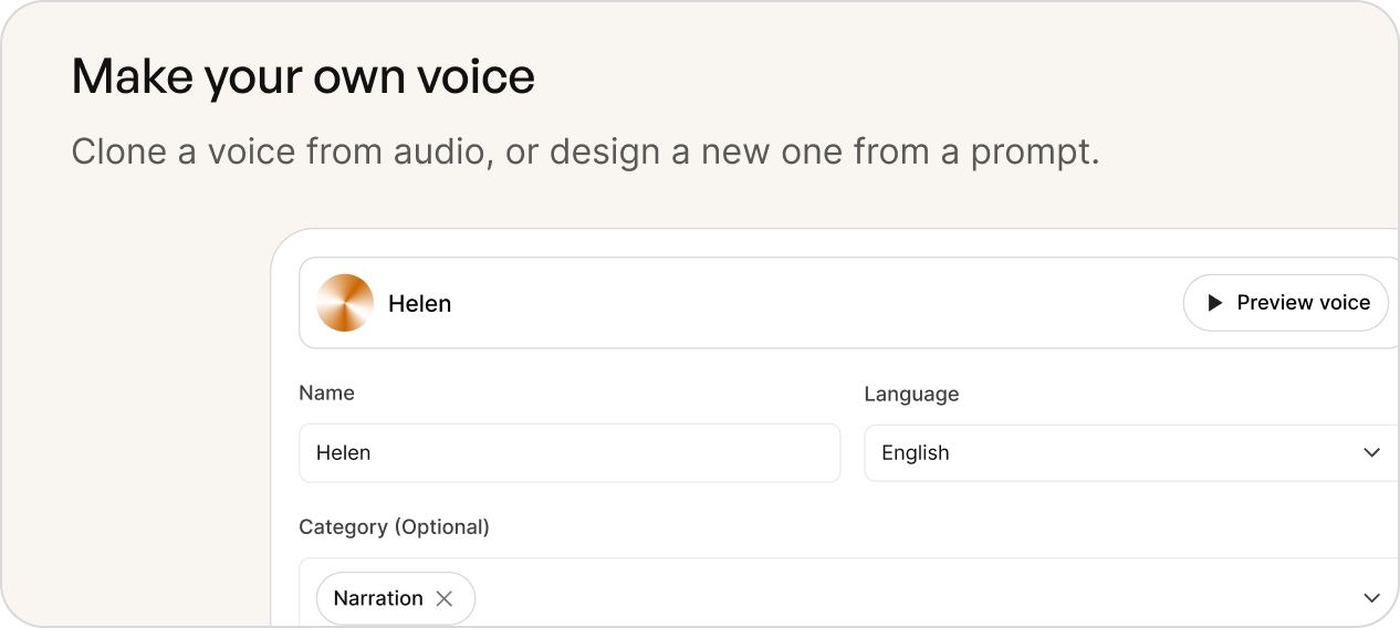 Make your own voice — clone a voice from audio or design a new one from a prompt