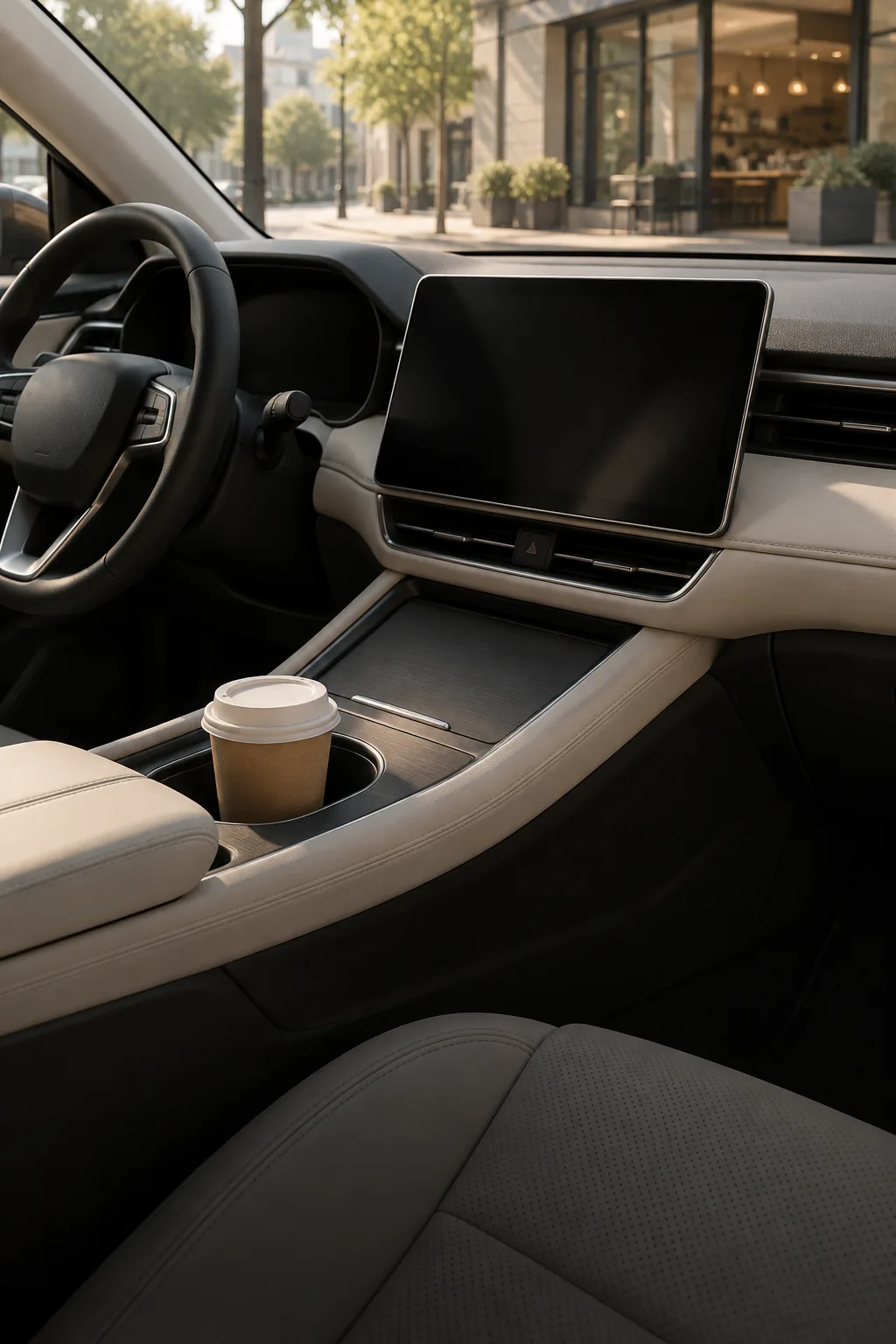 Mittelkonsole und Lenkrad eines Autos mit einem Kaffee im Becherhalter