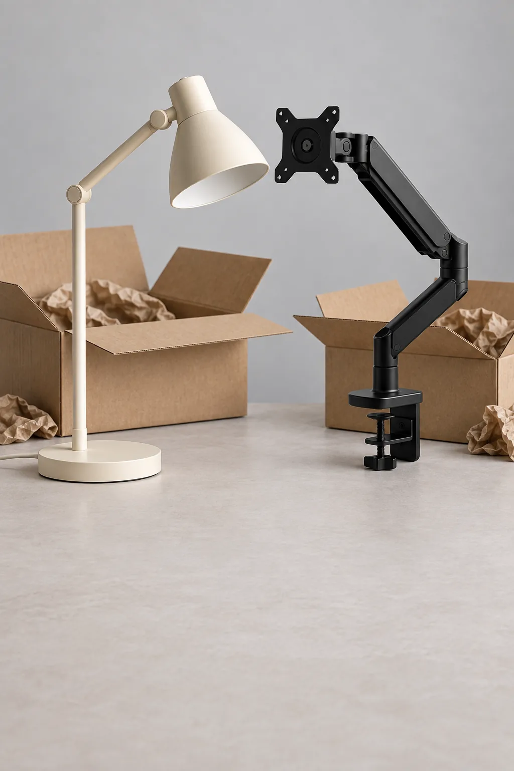 Eine Schreibtischlampe, ein Monitorarm und Pakete auf einem hellen Schreibtisch