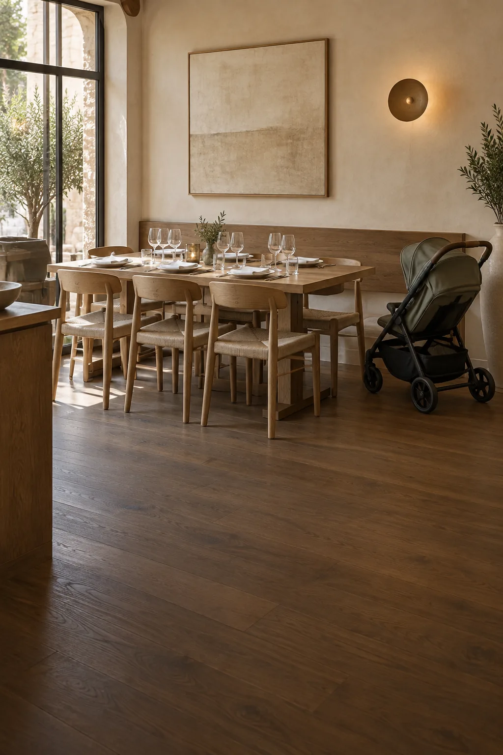 Ein warmes Restaurant mit Esstisch, Kinderwagen und freiem Gang