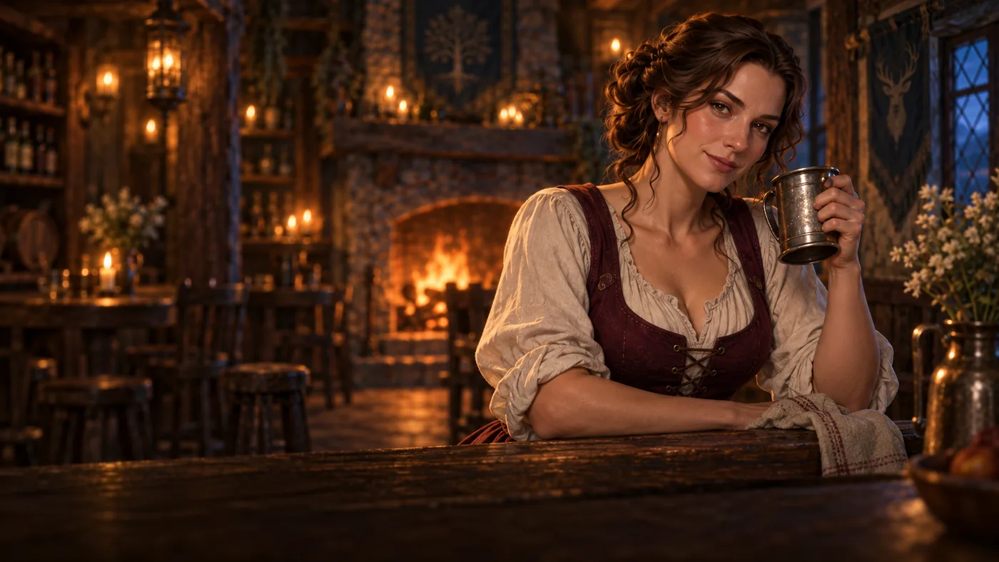 Rosa behind the bar of the Last Ember, a tankard in hand.