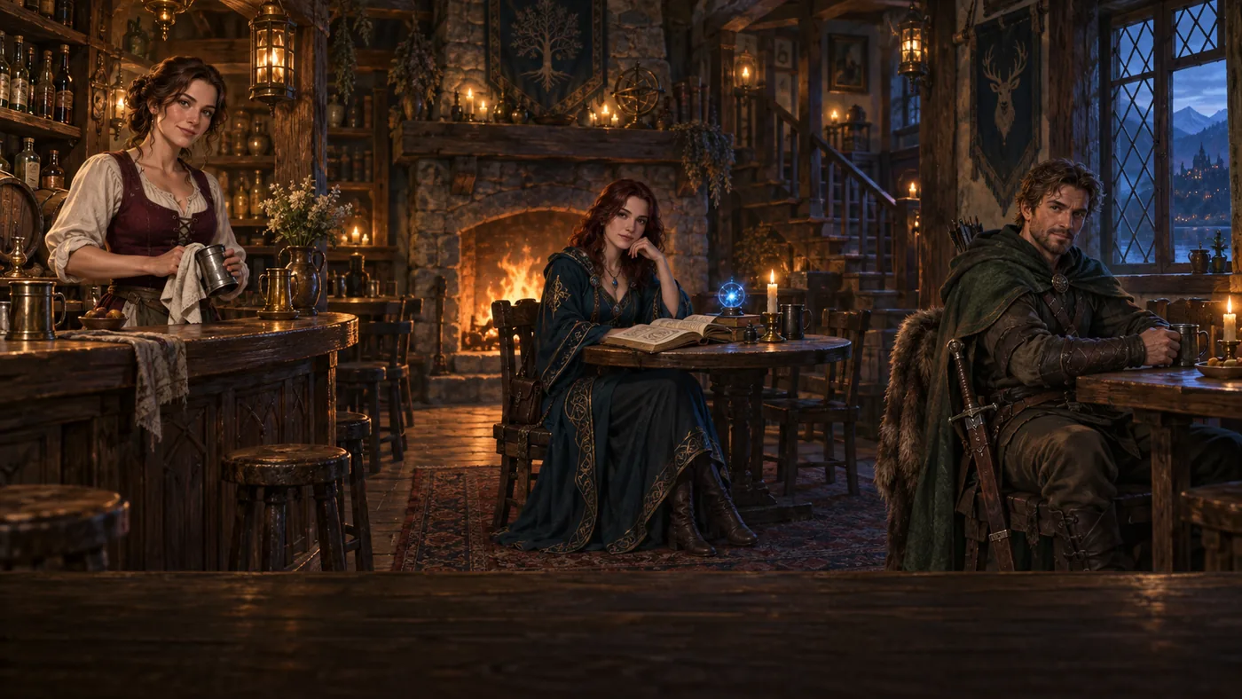 Inside the Last Ember: Rosa behind the bar on the left, Mira seated with her book by the hearth in the middle, and Kael by the window on the right.