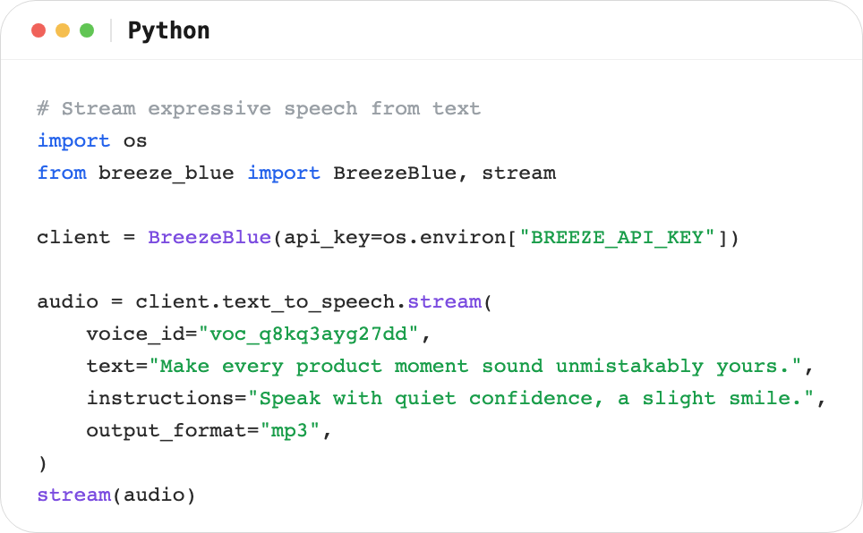 Python SDK code sample streaming BreezeBlue text to speech audio