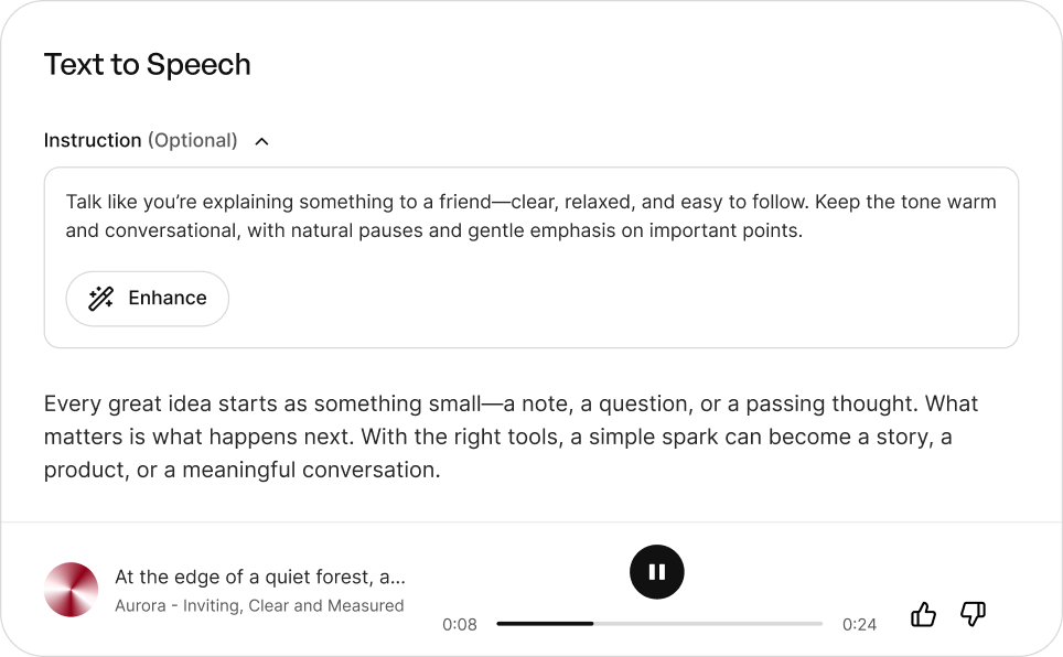 BreezeBlue Creator text to speech workspace with instruction, script, and player