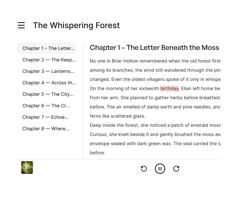 Audiobook reader interface narrating a chapter